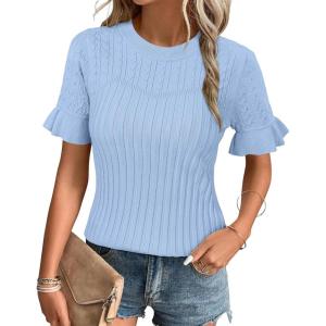 Arach&Cloz Women’s Summer Fall Scalloped Lace Cuff Crewneck Tops Textured Shirts(X-light Blue)