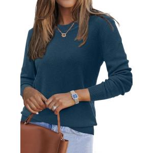 Arach&Cloz Women’s Wool Blend Classic Crew Neck Casual Fall Sweaters(Indigo Blue)