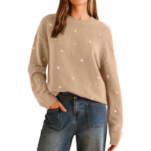 Arach&Cloz Womens Wool Blend Embroidery Floral Oversized Fit Sweater Trendy 2025(Apricot)