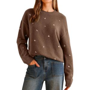 Arach&Cloz Womens Wool Blend Embroidery Floral Oversized Fit Sweater Trendy 2025(Chocolate Brown)