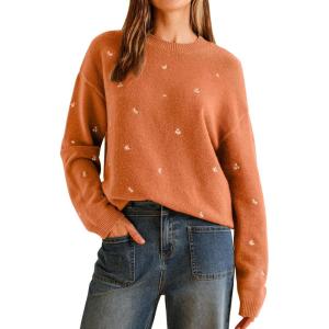 Arach&Cloz Womens Wool Blend Embroidery Floral Oversized Fit Sweater Trendy 2025(Orange)