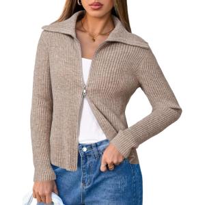 Arach&Cloz Women’s Wool Blend Fall Fashion Zip Up Cardigan Sweaters 2025 Trendy(Coffee)
