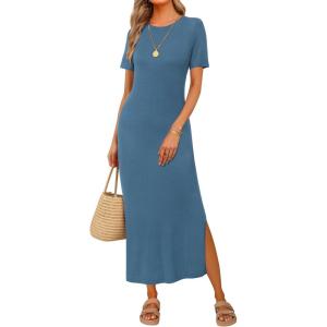 Arach&Cloz Women’s Wool Blend Lightweight Fall Casual T Shirts Maxi Dress 2025(Dusty Blue)