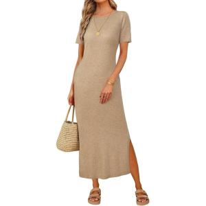 Arach&Cloz Women’s Wool Blend Lightweight Fall Casual T Shirts Maxi Dress 2025(Kahki)