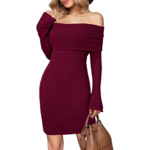 Arach&Cloz Women’s Wool Blend Long Sleeve Off Shoulder Sweater Dresses 2025(Burgundy Red)