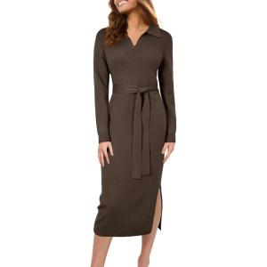 Arach&Cloz Women’s Wool Blend Side Slit Polo Sweater Dresses 2025 Fall Business Casual Outfits(Brown Coffee)