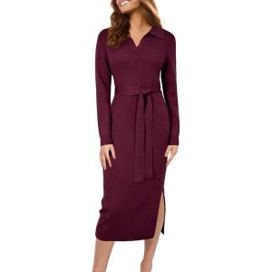 Arach&Cloz Women’s Wool Blend Side Slit Polo Sweater Dresses 2025 Fall Business Casual Outfits(Burgundy)