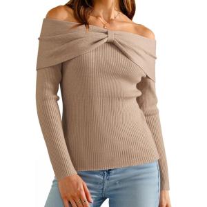 Arach&Cloz Women’s Wool Blend Slim Fit Off The Shoulder Fall Sweater 2025(Khaki)
