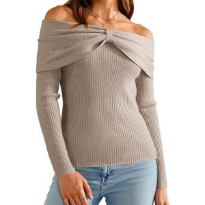 Arach&Cloz Women’s Wool Blend Slim Fit Off The Shoulder Fall Sweater 2025(Oatmeal Coffee)