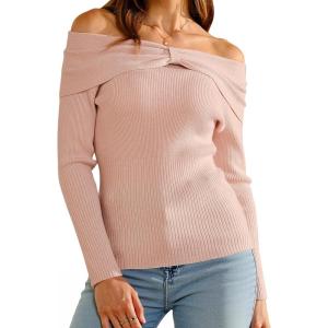 Arach&Cloz Women’s Wool Blend Slim Fit Off The Shoulder Fall Sweater 2025(Pale Pink)