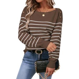 Arach&Cloz Women’s Wool Blend Striped Boat Neck Fall Dressy Casual Sweater Tops 2025(Coffee and White)