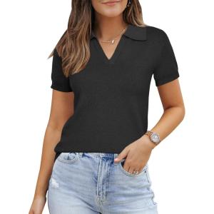 Arach&Cloz Women’s Wool Blend Summer Fall Tops Business Casual Polo Shirts 2025(Black)