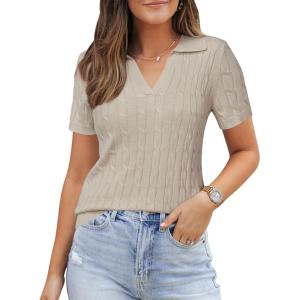 Arach&Cloz Women’s Wool Blend Summer Fall Tops Business Casual Polo Shirts 2025(Cable Knit-apricot)