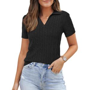 Arach&Cloz Women’s Wool Blend Summer Fall Tops Business Casual Polo Shirts 2025(Cable Knit-black)