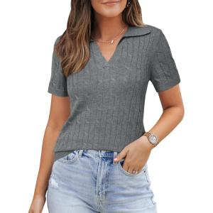 Arach&Cloz Women’s Wool Blend Summer Fall Tops Business Casual Polo Shirts 2025(Cable Knit-grey)