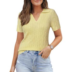 Arach&Cloz Women’s Wool Blend Summer Fall Tops Business Casual Polo Shirts 2025(Cable Knit-yellow)