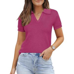 Arach&Cloz Women’s Wool Blend Summer Fall Tops Business Casual Polo Shirts 2025(Rose Red)