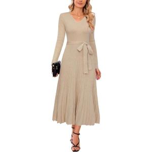 Arach&Cloz Women’s Wool Blend Tie Waist Pleated Fall Sweater Dress 2025(Apricot)