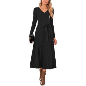 Arach&Cloz Women’s Wool Blend Tie Waist Pleated Fall Sweater Dress 2025(Black)