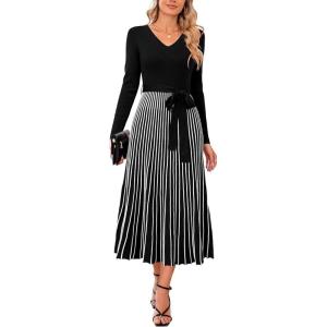 Arach&Cloz Women’s Wool Blend Tie Waist Pleated Fall Sweater Dress 2025(Black-white Stripe)