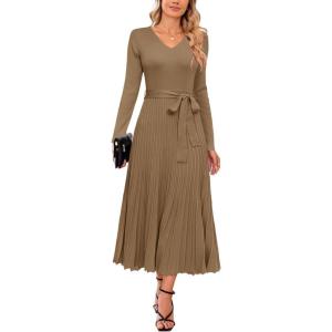 Arach&Cloz Women’s Wool Blend Tie Waist Pleated Fall Sweater Dress 2025(Camel)