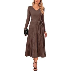 Arach&Cloz Women’s Wool Blend Tie Waist Pleated Fall Sweater Dress 2025(Coffee)