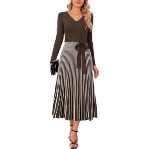 Arach&Cloz Women’s Wool Blend Tie Waist Pleated Fall Sweater Dress 2025(Coffee-white Stripe)