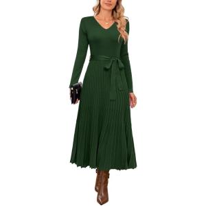 Arach&Cloz Women’s Wool Blend Tie Waist Pleated Fall Sweater Dress 2025(Dark Green)