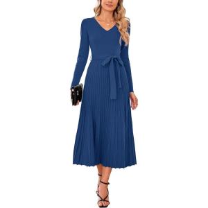 Arach&Cloz Women’s Wool Blend Tie Waist Pleated Fall Sweater Dress 2025(Navy)
