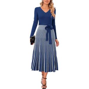 Arach&Cloz Women’s Wool Blend Tie Waist Pleated Fall Sweater Dress 2025(Navy Blue-white Stripe)
