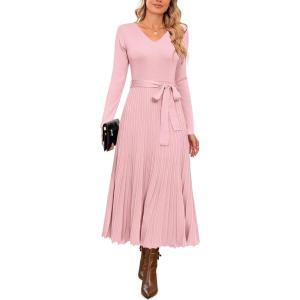 Arach&Cloz Women’s Wool Blend Tie Waist Pleated Fall Sweater Dress 2025(Pink)
