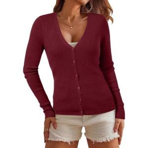 Arach&Cloz Womens Wool Blended Ribbed Cardigan Lightweight Long Sleeve Sweater 2025 Spring Fashion Button Down Knit Top(Red)