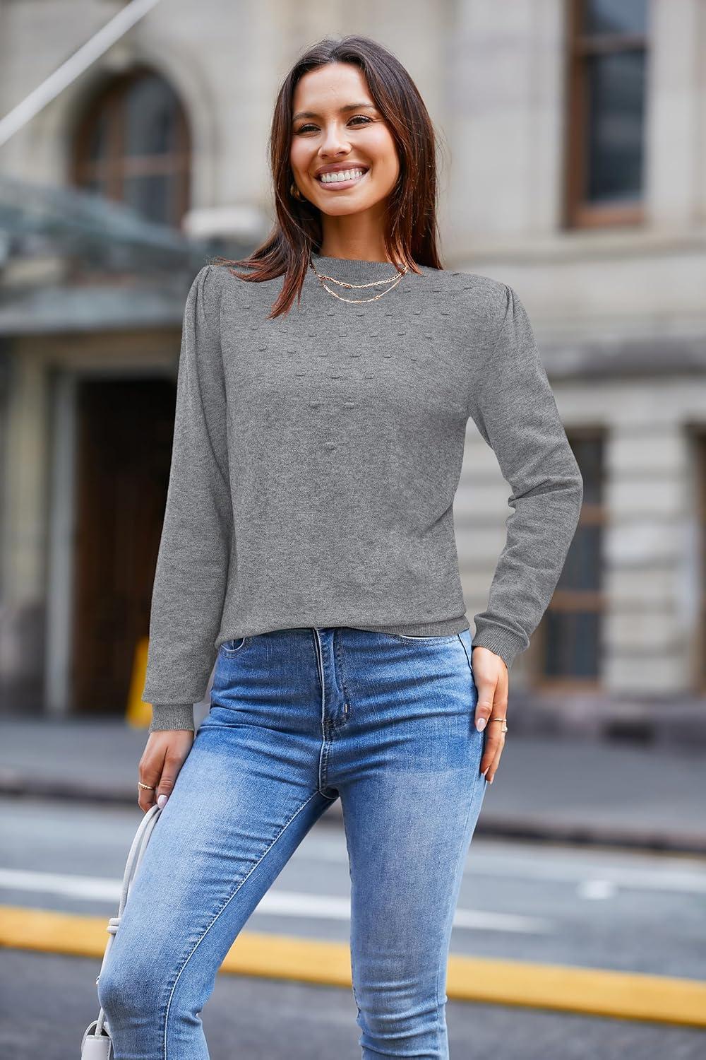 imageArachampampCloz 2024 Fall Sweaters Long Puff Sleeve Tops Crew Neck Special Dots Trendy Casual Lightweight Pullover Clothes OutfitsGrey