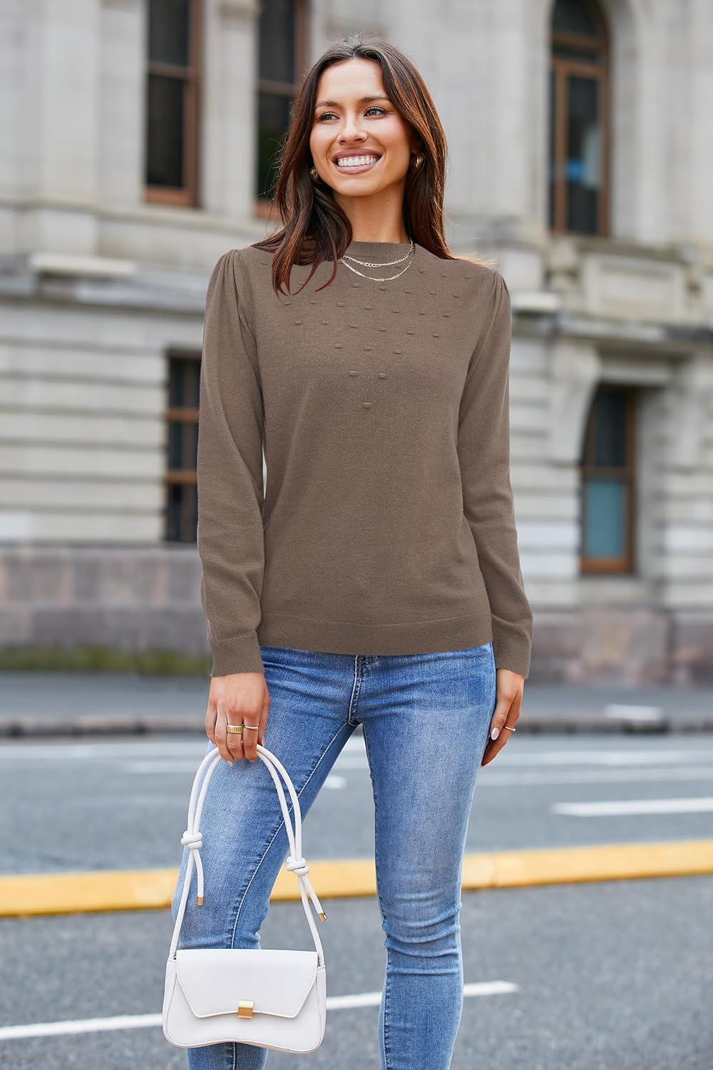 imageArachampampCloz 2024 Fall Sweaters Long Puff Sleeve Tops Crew Neck Special Dots Trendy Casual Lightweight Pullover Clothes OutfitsGrey