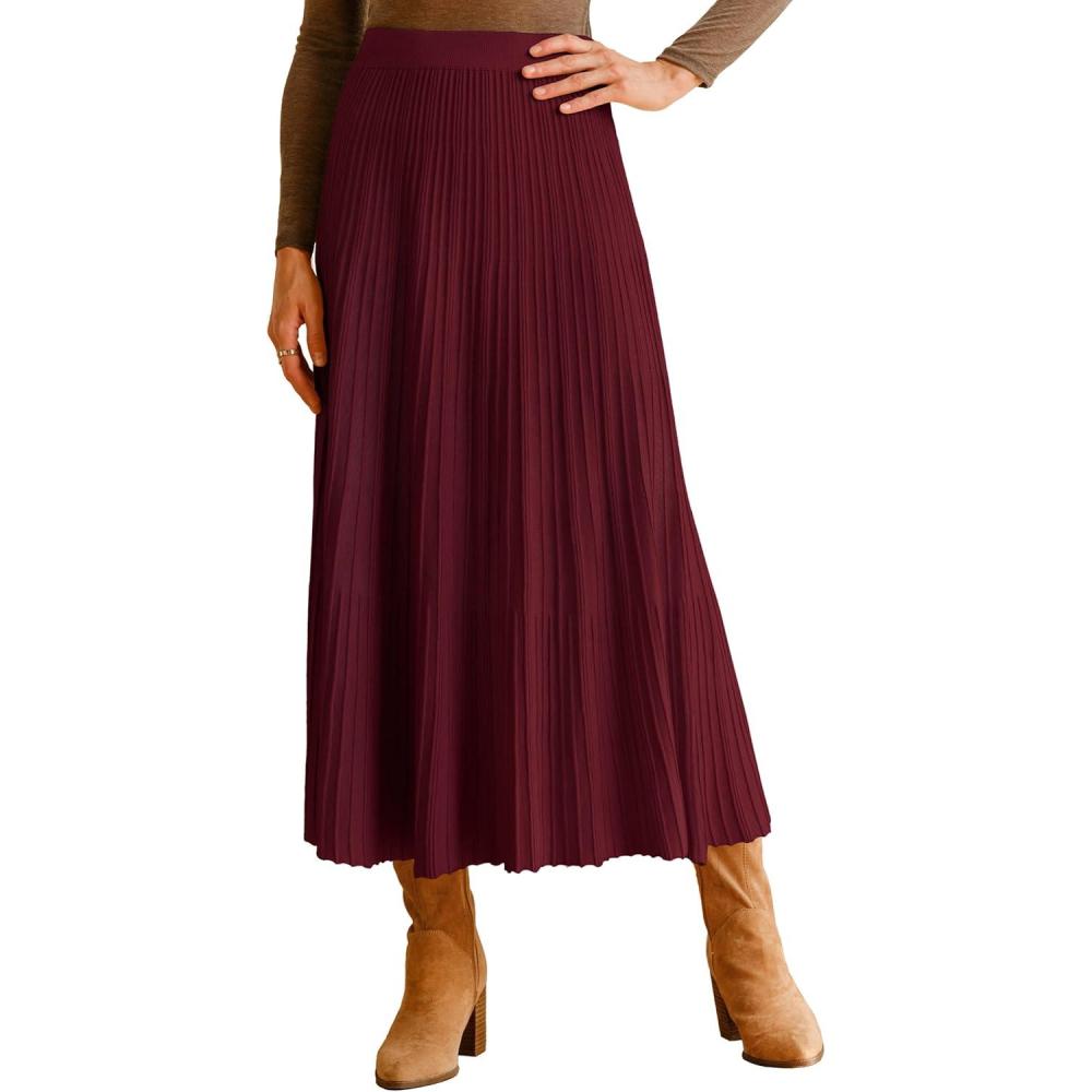 imageArachampampCloz Womens Wool Blend Wide Elastic Band ALine Pleated Flowy Long Skirts 2025Burgundy