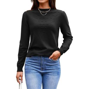 Arach&Cloz 2024 Fall Sweaters Long Puff Sleeve Tops Crew Neck Special Dots Trendy Casual Lightweight Pullover Clothes Outfits(Black)