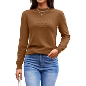 Arach&Cloz 2024 Fall Sweaters Long Puff Sleeve Tops Crew Neck Special Dots Trendy Casual Lightweight Pullover Clothes Outfits(Camel)