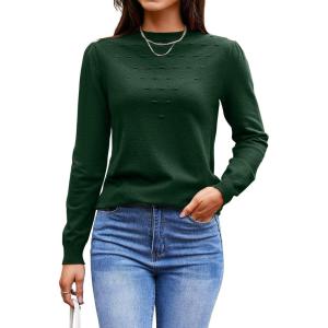 Arach&Cloz 2024 Fall Sweaters Long Puff Sleeve Tops Crew Neck Special Dots Trendy Casual Lightweight Pullover Clothes Outfits(Green)