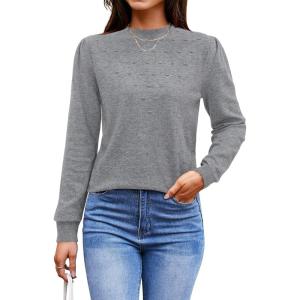 Arach&Cloz 2024 Fall Sweaters Long Puff Sleeve Tops Crew Neck Special Dots Trendy Casual Lightweight Pullover Clothes Outfits(Grey)