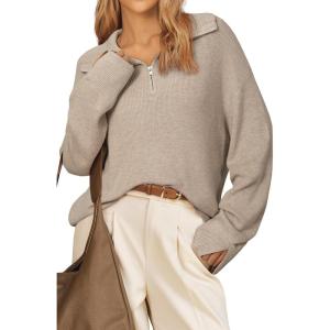 Arach&Cloz Women’s Wool Blend Lapel Quarter Zip Fall Winter Trendy Casual Oversized Fit Sweater Top(Apricot)