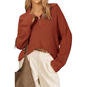 Arach&Cloz Women’s Wool Blend Lapel Quarter Zip Fall Winter Trendy Casual Oversized Fit Sweater Top(Caramel)
