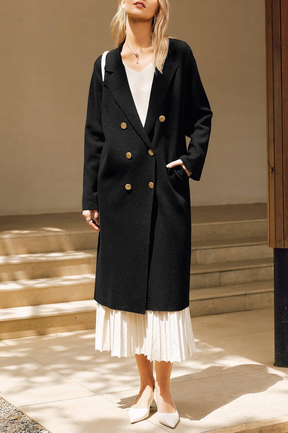 imageArachampampCloz Womens Wool Blend Double Breasted Winter Outfits Long Cardigan Sweater Coat 2025Black