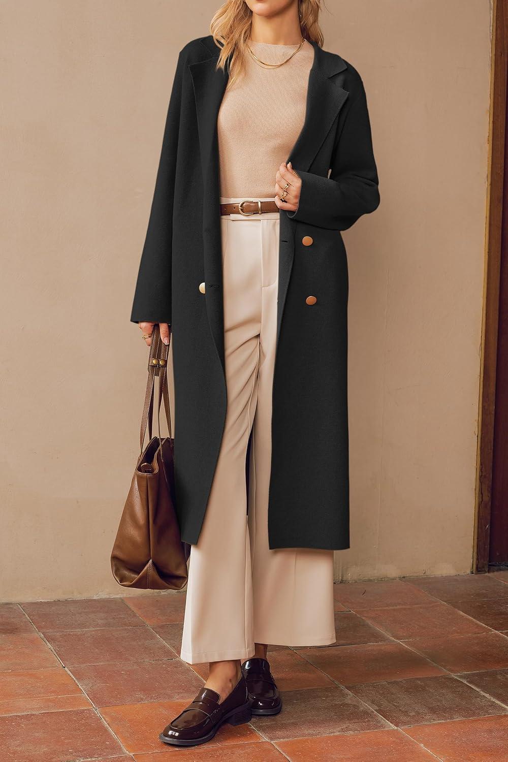 imageArachampampCloz Womens Wool Blend Double Breasted Winter Outfits Long Cardigan Sweater Coat 2025Black