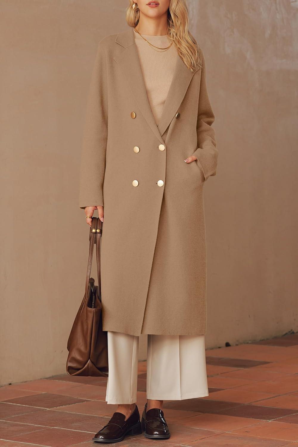 imageArachampampCloz Womens Wool Blend Double Breasted Winter Outfits Long Cardigan Sweater Coat 2025Brown