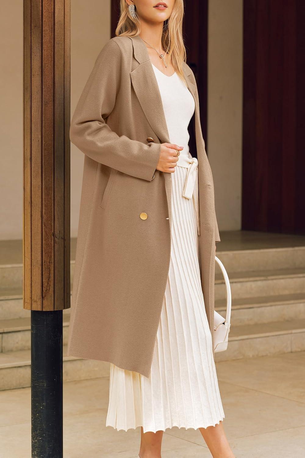 imageArachampampCloz Womens Wool Blend Double Breasted Winter Outfits Long Cardigan Sweater Coat 2025Brown