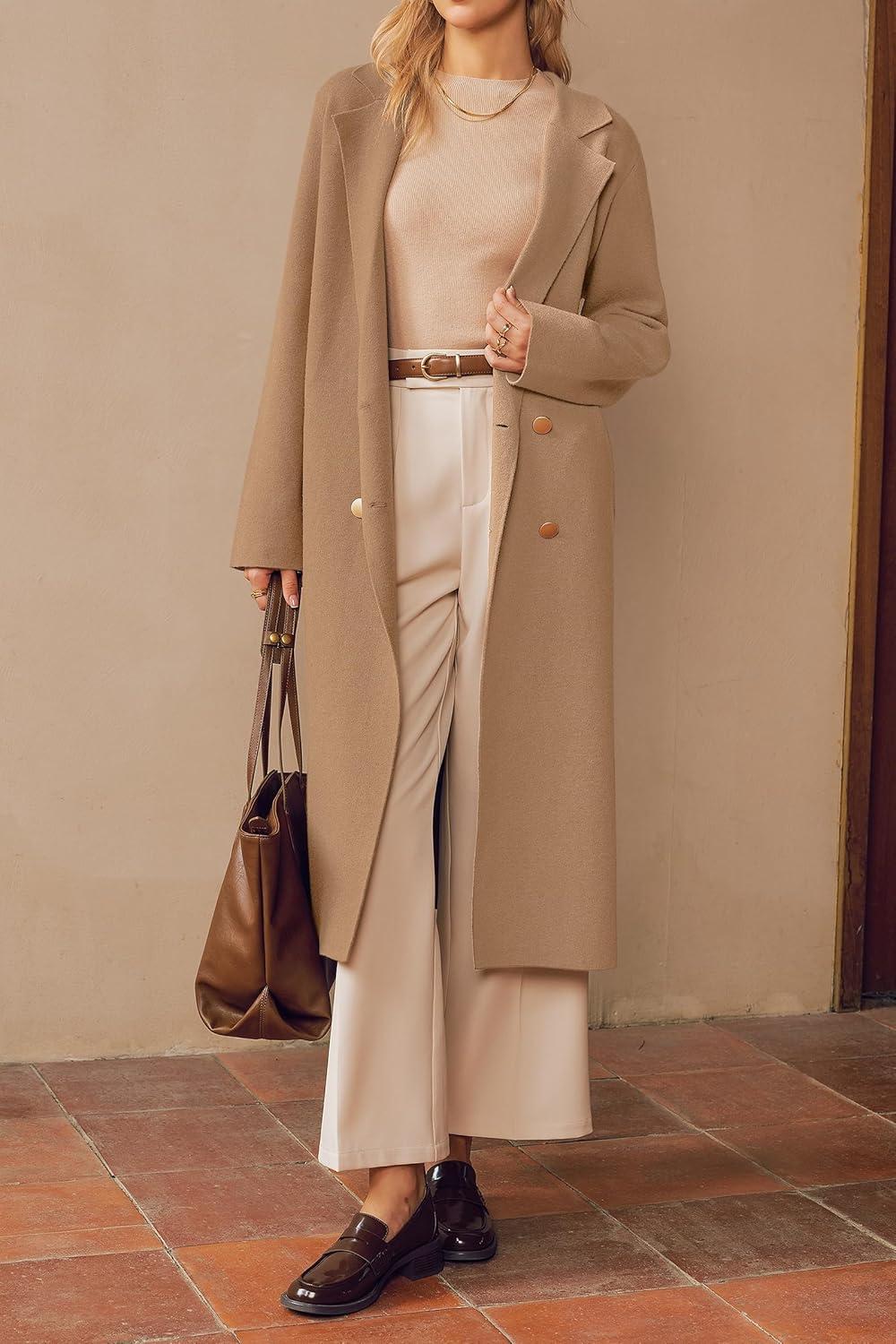 imageArachampampCloz Womens Wool Blend Double Breasted Winter Outfits Long Cardigan Sweater Coat 2025Brown