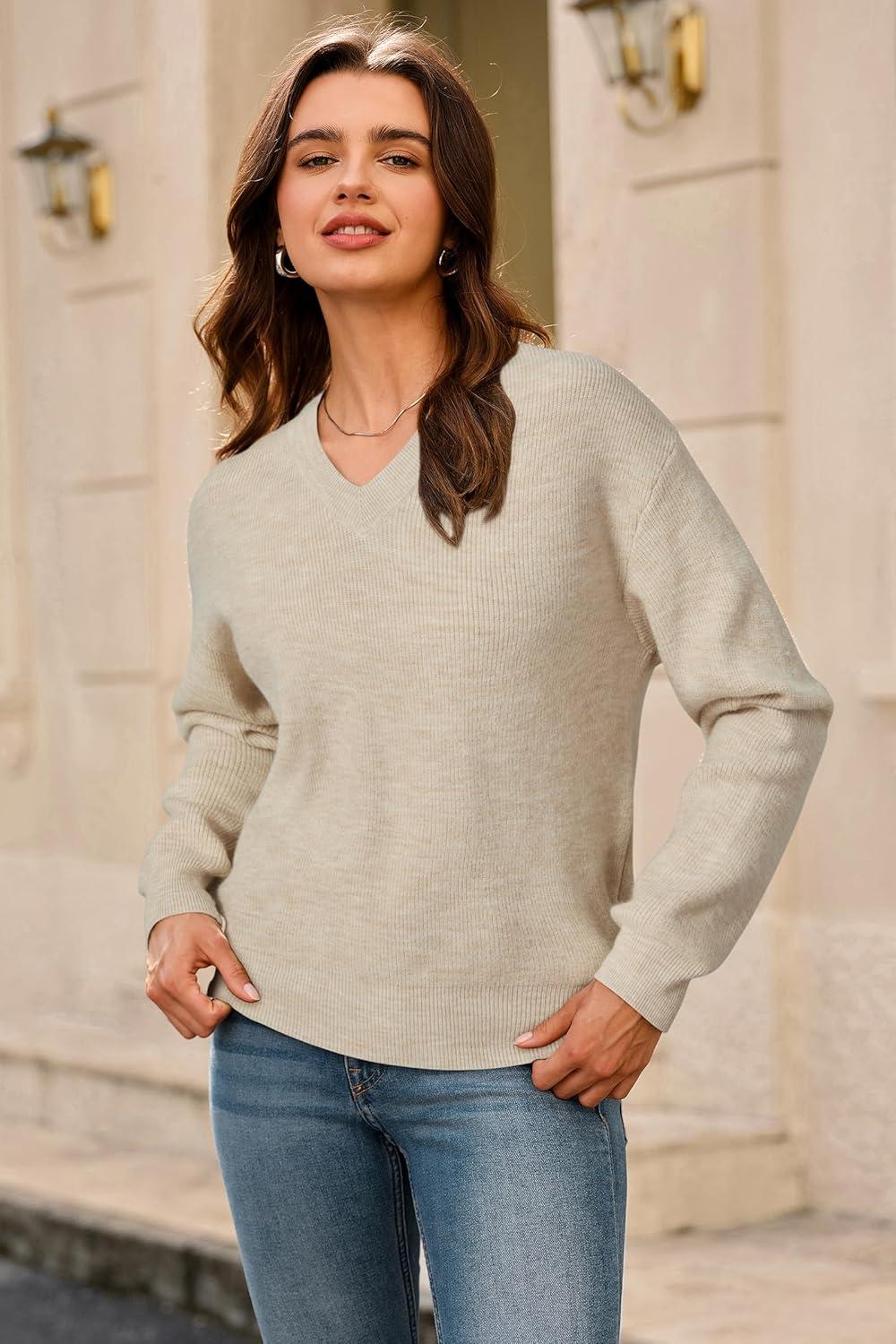 imageArachampampCloz Womens Wool Blend V Neck Fall Business Casual Sweater Tops 2025Apricot