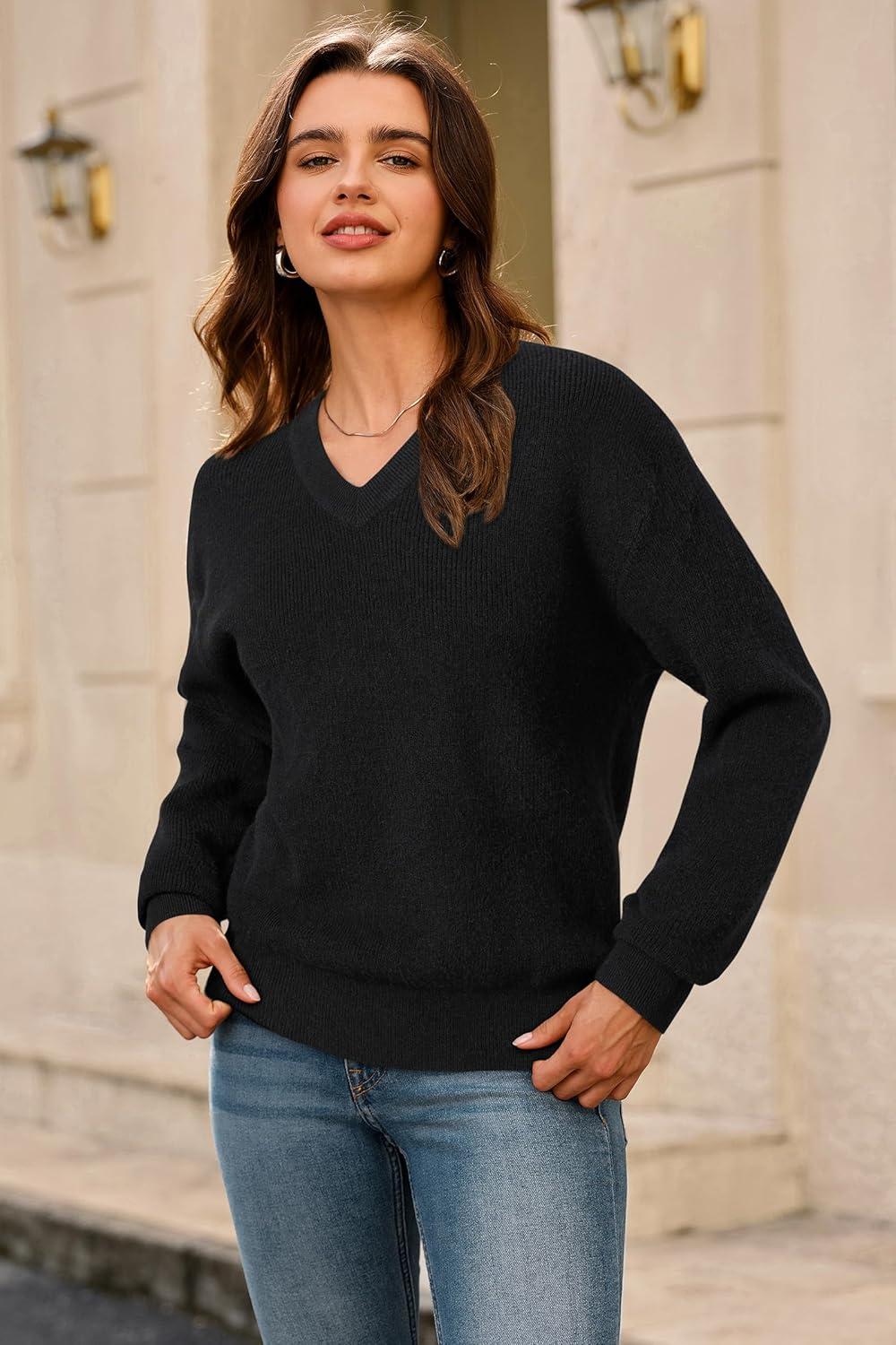 imageArachampampCloz Womens Wool Blend V Neck Fall Business Casual Sweater Tops 2025Black