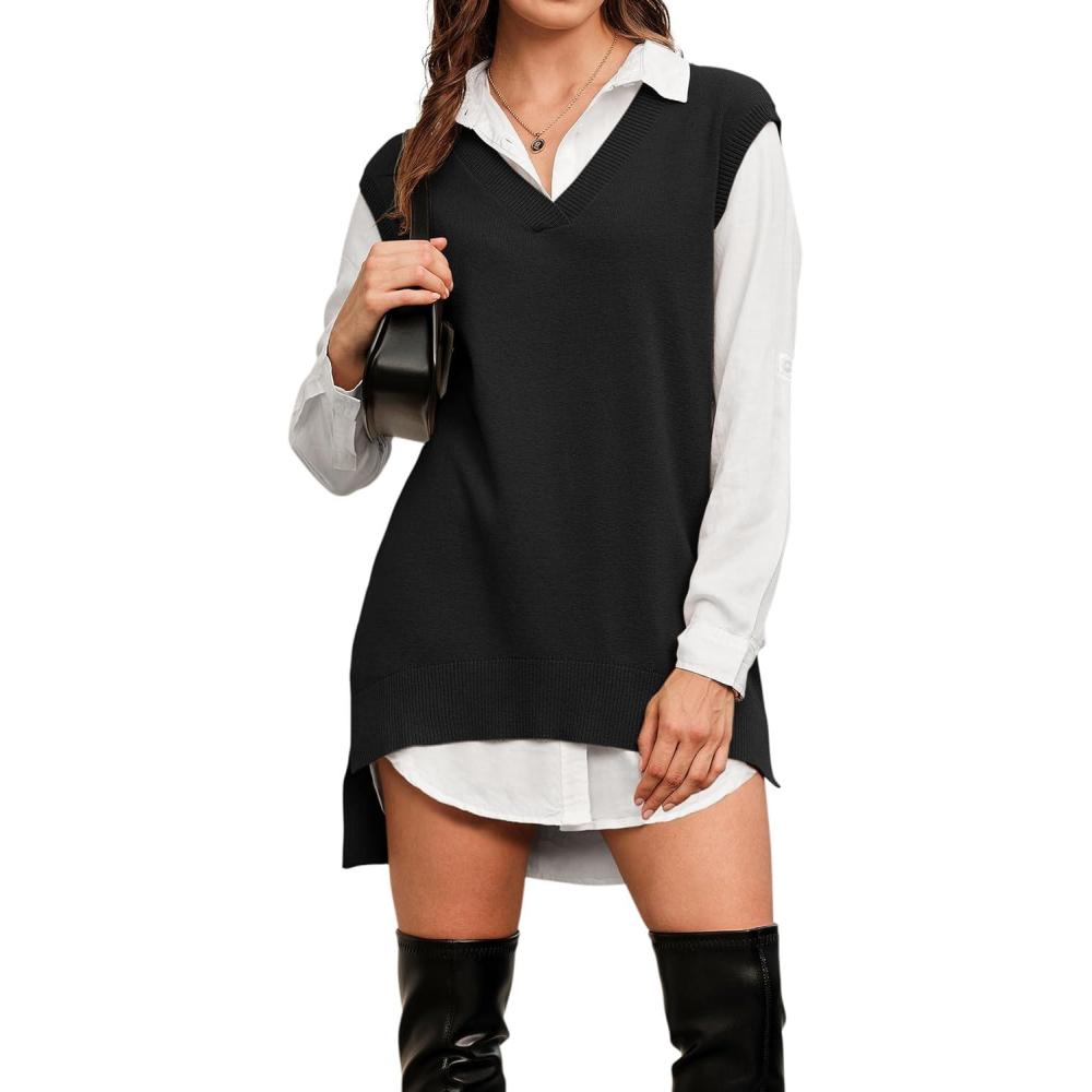 imageArachampampCloz Womens Wool Blend Side Slit High Low Versatile V Neck Fall Tunic Sweater Vests 2025Black