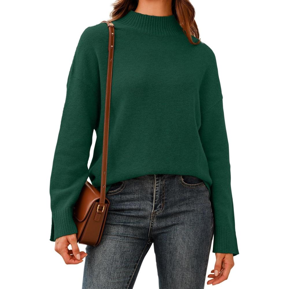 imageArachampampCloz Womens Wool Blend Soft Mock Neck Casual Oversized Fall SweaterDark Green